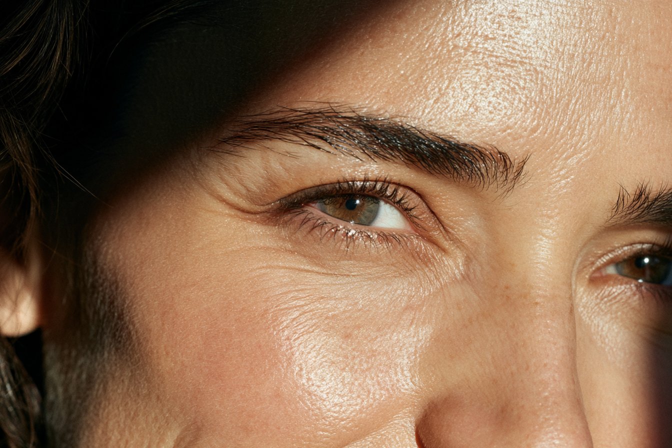 Close-up of relaxed brow and natural smile lines - crow’s feet and forehead treatment areas for neuromodulators in New Braunfels