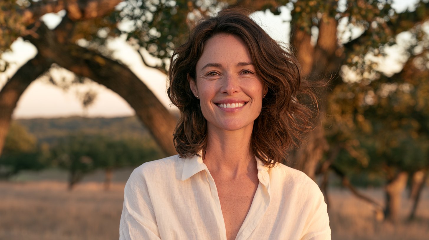 Smiling woman with natural crow's feet smile lines, Botox for crow's feet in New Braunfels TX dermatologist