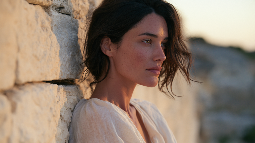Woman in profile with a defined chin and jawline beside a limestone wall in New Braunfels, Texas — chin filler results