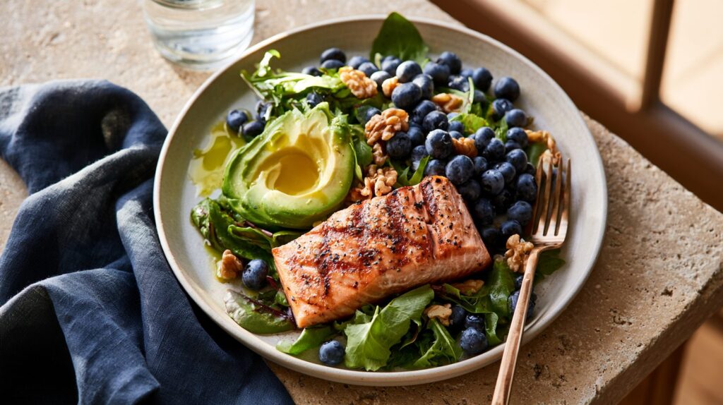 diet skin health dermatologist New Braunfels: Mediterranean plate with grilled salmon, avocado, blueberries, walnuts and leafy greens