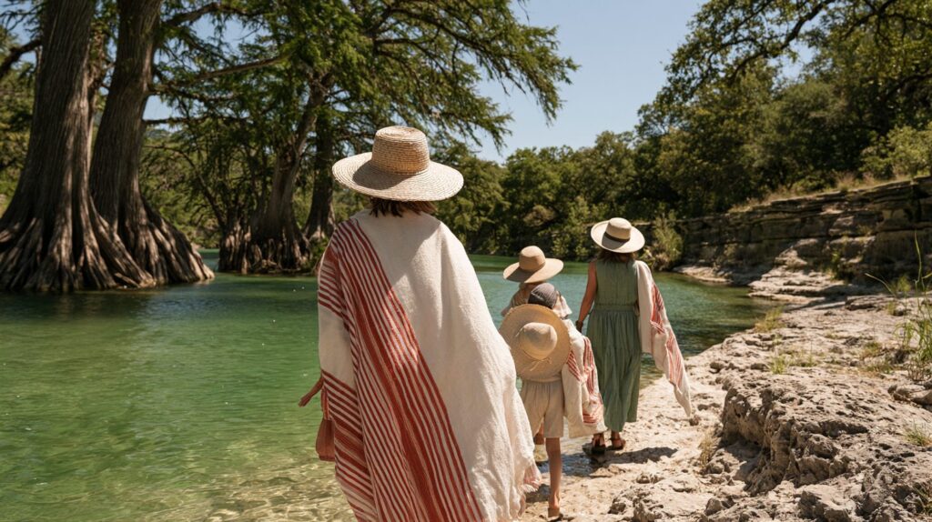 Family with sun hats heading to a Texas river — summer skin survival guide from a New Braunfels dermatologist