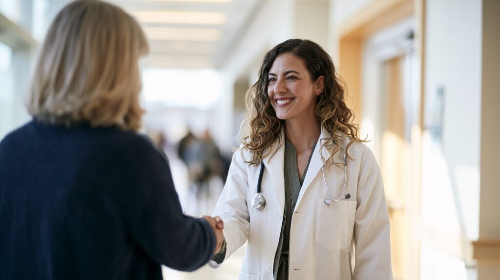 Dermatologist warmly welcoming a patient — what happens at your first dermatology visit in New Braunfels, TX