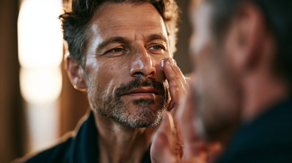 Man applying facial moisturizer as part of a daily skin care routine — men's dermatology in New Braunfels, TX