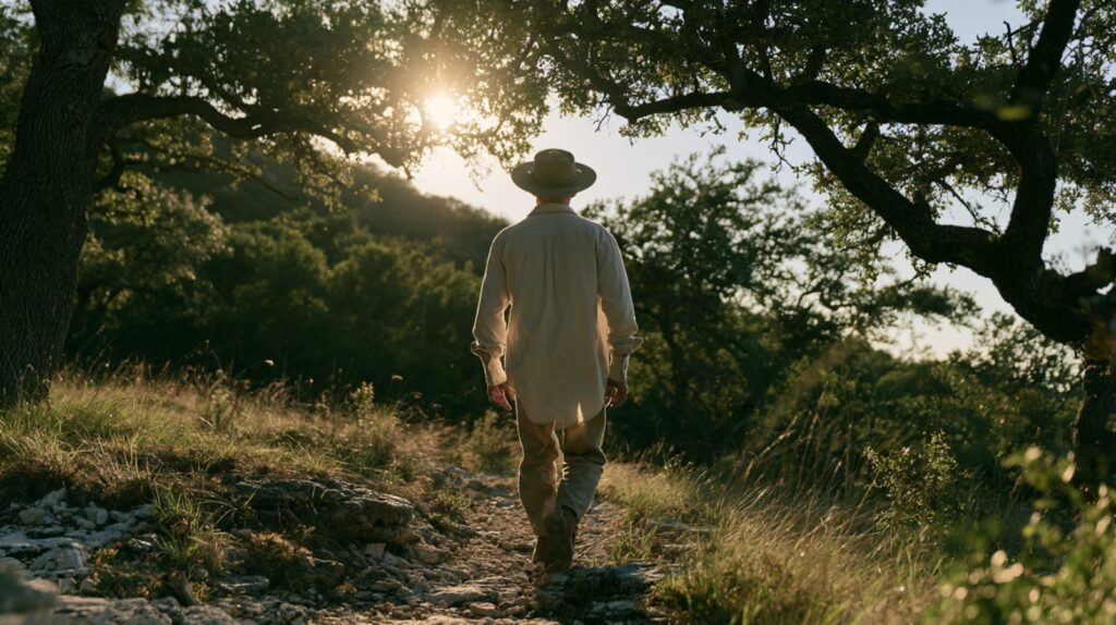 Man in a wide brim sun hat on a Texas trail, sun protection and mole mapping in New Braunfels TX