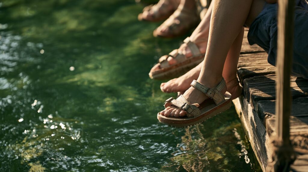 Bare feet on a dock by a Texas Hill Country river near New Braunfels
