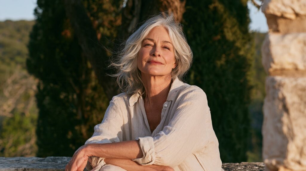 Older woman relaxing on a limestone porch in the Texas Hill Country — seborrheic keratosis removal New Braunfels