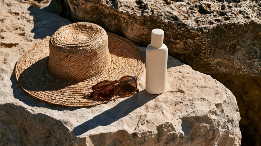 Sun hat, sunglasses and sunscreen on limestone rock — actinic keratosis prevention in Texas