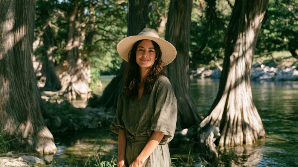 Woman in a sun hat shaded by cypress trees along a Texas river — vitiligo treatment in New Braunfels, TX